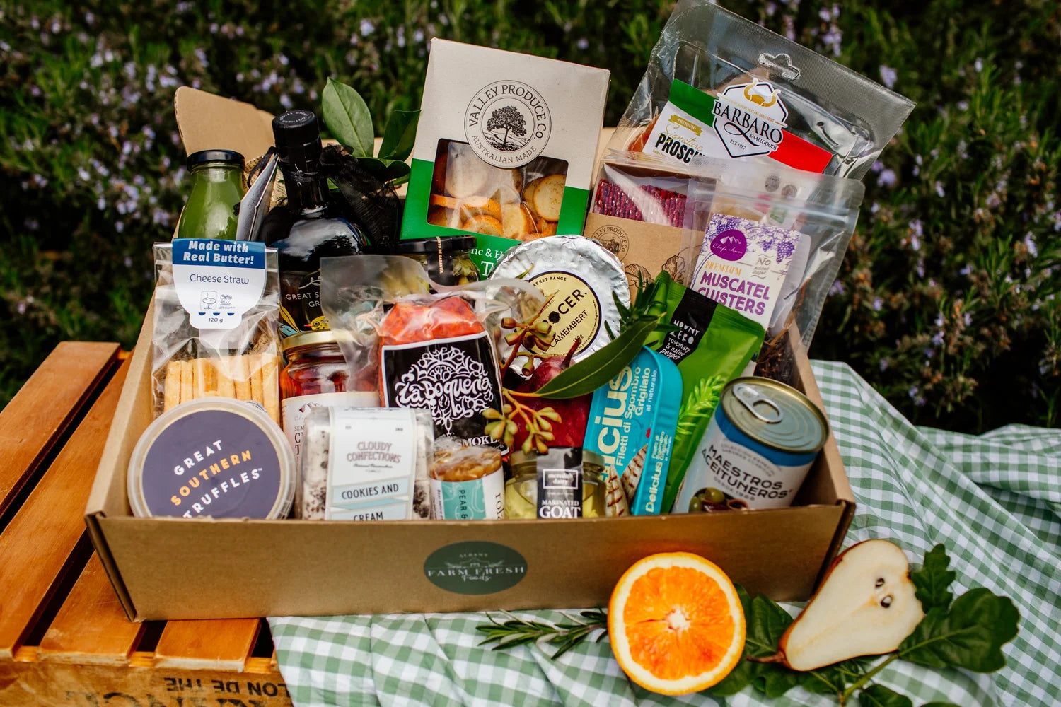 Gourmet Nibbles Box - Albany Farm Fresh Foods
Albany Farm Fresh gourmet hamper filled with local cheeses, olives, honey, truffles and artisan snacks.