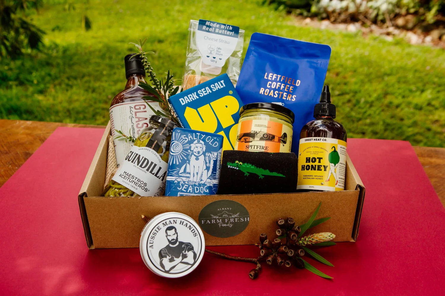 One for the Boys - Albany Farm Fresh Foods
Albany Farm Fresh gift hamper featuring local coffee, hot honey, olives, chocolate and gourmet pantry items.